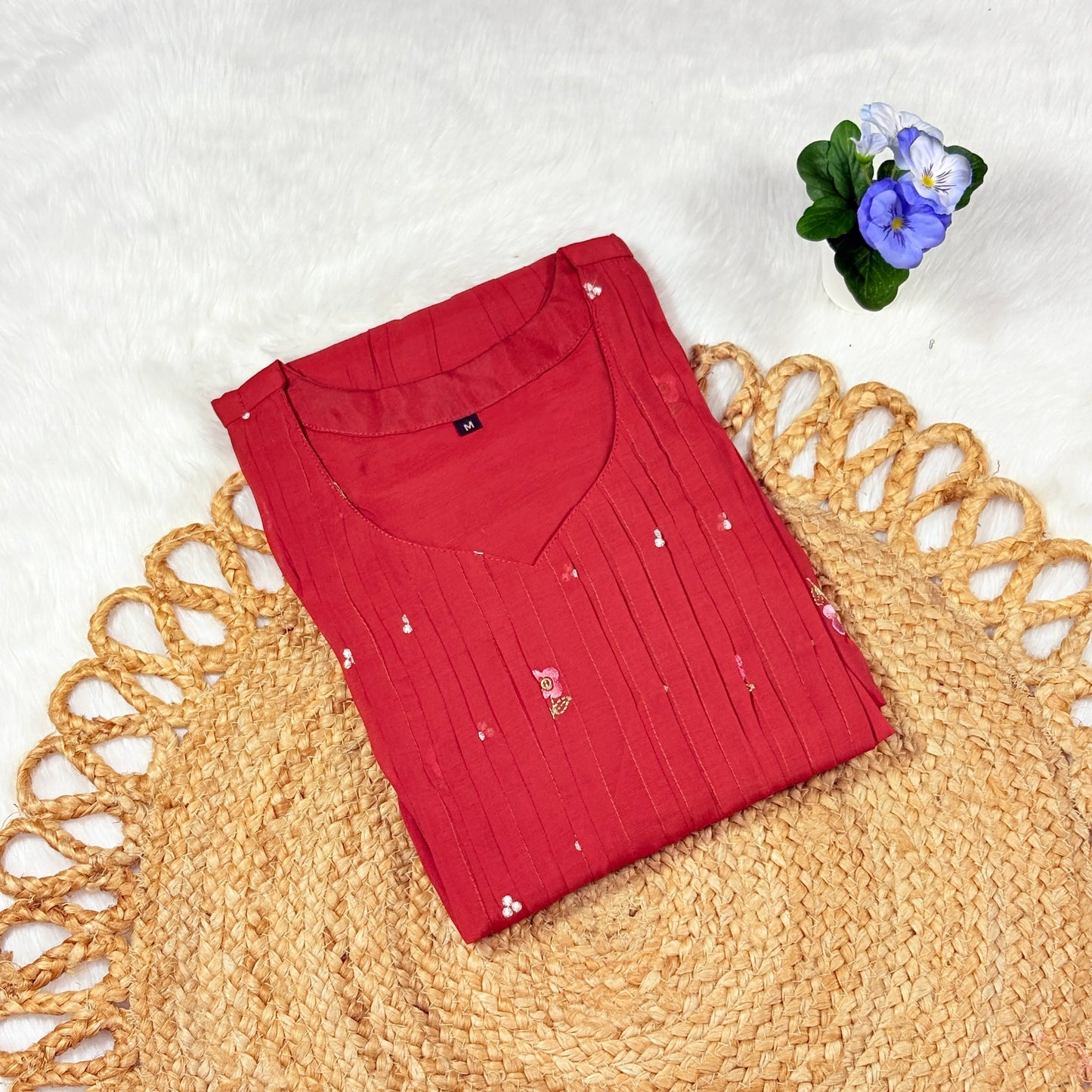 Rust Embroidered Cotton A-Line Kurta with Pintucks | Women's Ethnic Wear