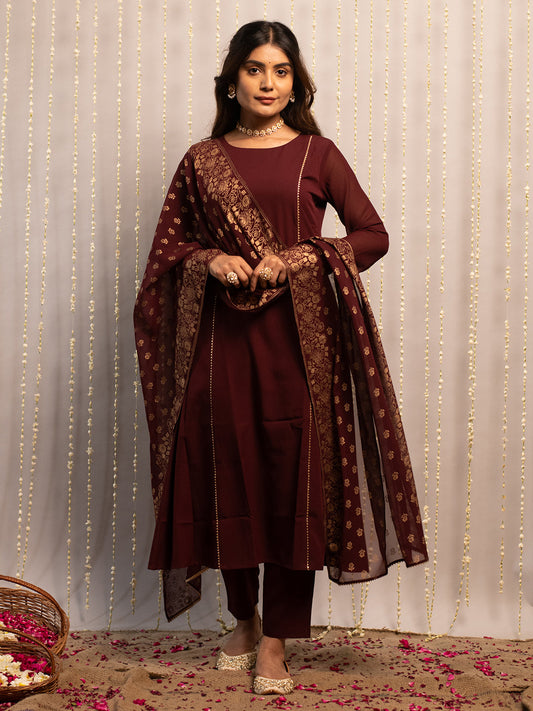 Women's Maroon Poly Crepe Straight Kurta with Pant and Dupatta