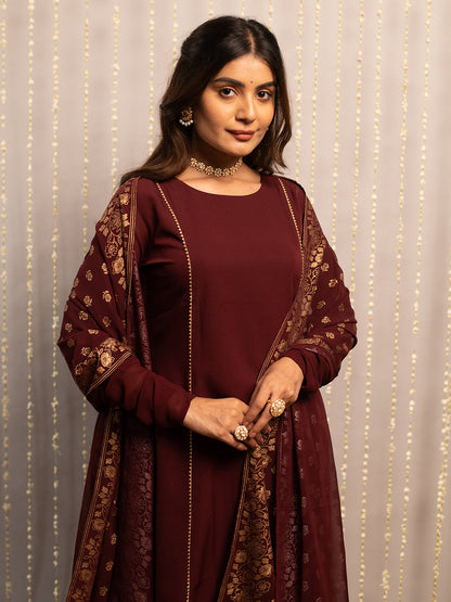 Women's Maroon Poly Crepe Straight Kurta with Pant and Dupatta