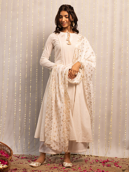 Striped Tie-Up Neck Anarkali Pure Cotton Kurta With Palazzos & Dupatta