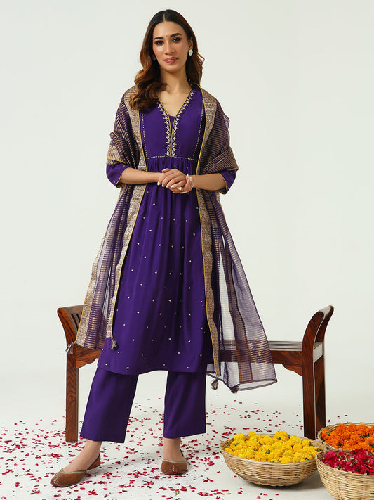 Floral Embroidered Zari Work Chanderi Cotton A-Line Kurta with Trousers & Dupatta