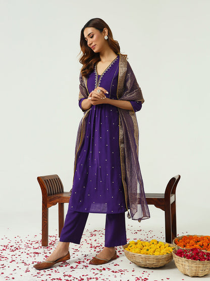 Floral Embroidered Zari Work Chanderi Cotton A-Line Kurta with Trousers & Dupatta