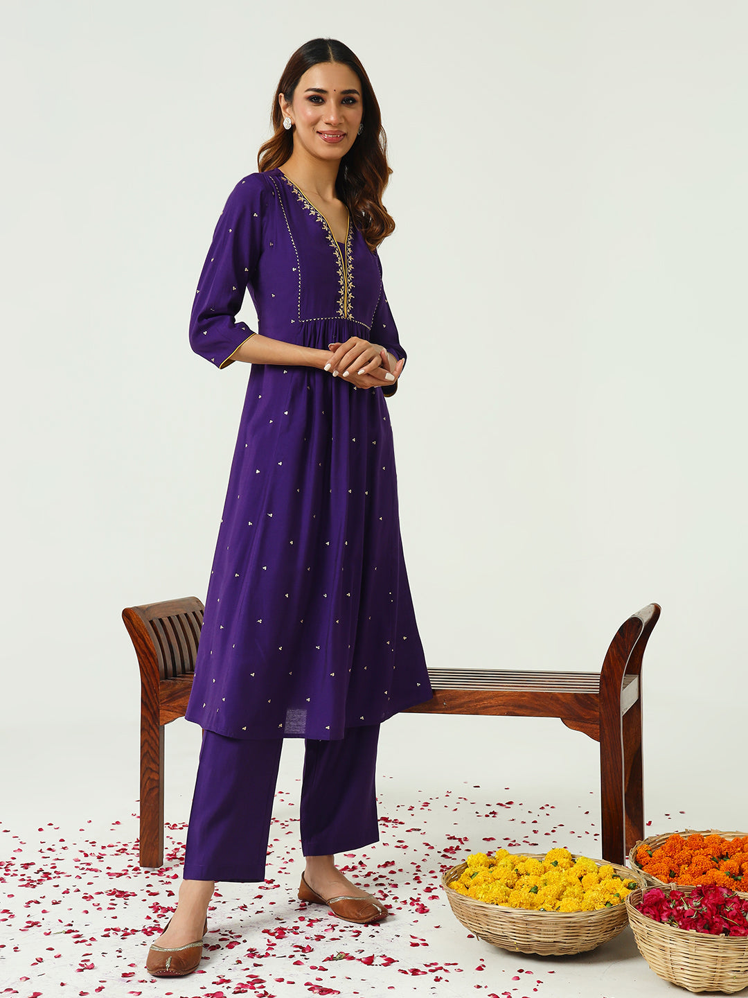 Floral Embroidered Zari Work Chanderi Cotton A-Line Kurta with Trousers & Dupatta