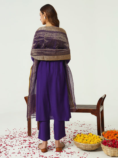 Floral Embroidered Zari Work Chanderi Cotton A-Line Kurta with Trousers & Dupatta