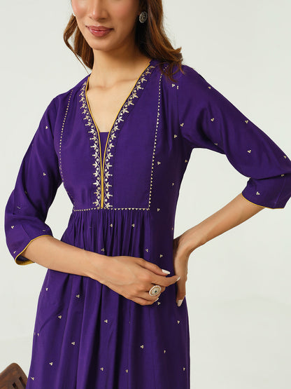 Floral Embroidered Zari Work Chanderi Cotton A-Line Kurta with Trousers & Dupatta