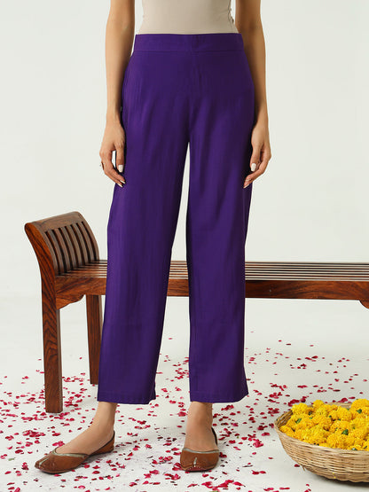 Floral Embroidered Zari Work Chanderi Cotton A-Line Kurta with Trousers & Dupatta
