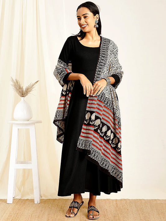 Women's Black Rayon Kurta With Dupatta