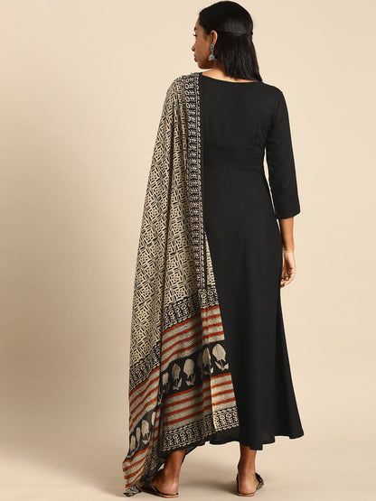Women's Black Rayon Kurta With Dupatta