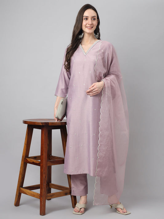 Women's Lavender Chinon Embellished Kurta with Pant and Dupatta