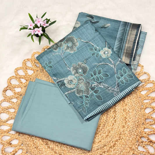 Teal Blue Semi Silk Suit Set with Embroidered Floral Design & Contrasting Dupatta – Elegant Ethnic Wear for Women