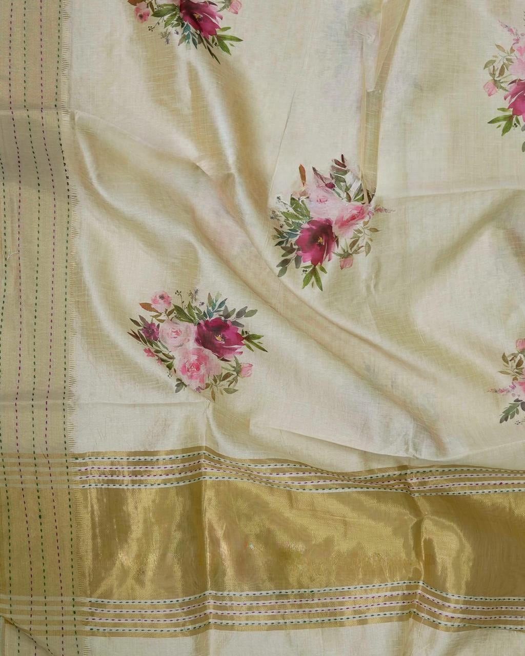 Traditional Kerala Kasavu Silk Saree with Maroon Floral Print (with blouse piece)