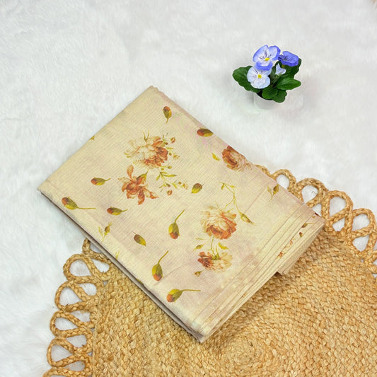 Traditional Tissue Kerala Saree with Floral Print – Lightweight Festive Ethnic Wear