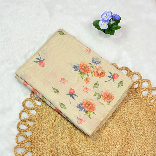 Traditional Tissue Kerala Saree with Peach & Lavender Floral Print | Running Blouse