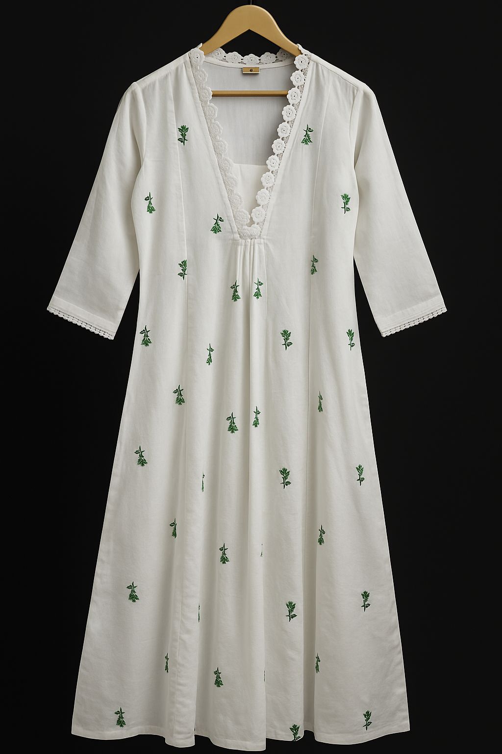 White Floral Embroidered Cotton A‑Line Kurta with Lace V‑Neck