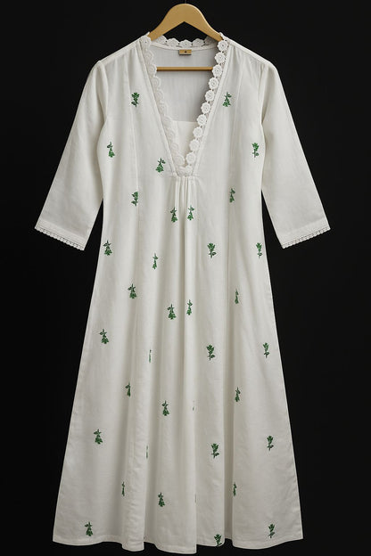 White Floral Embroidered Cotton A‑Line Kurta with Lace V‑Neck