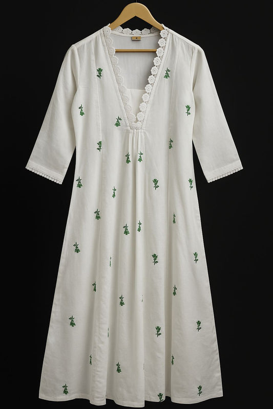 White Floral Embroidered Cotton A‑Line Kurta with Lace V‑Neck