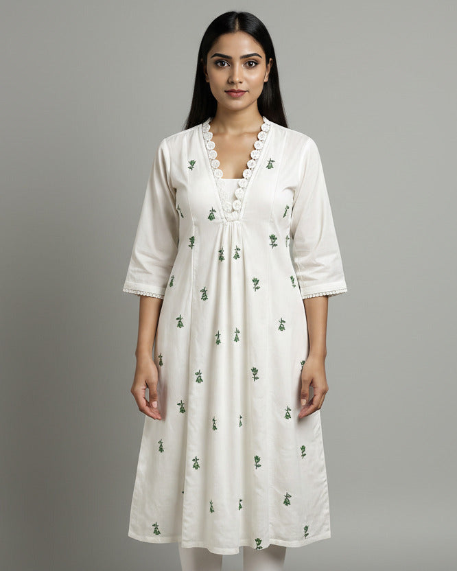 White Floral Embroidered Cotton A‑Line Kurta with Lace V‑Neck