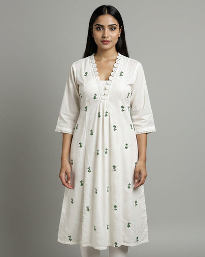 White Floral Embroidered Cotton A‑Line Kurta with Lace V‑Neck