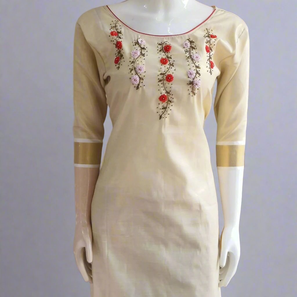 RAE Trends Women's Kerala Kasavu Stylish Tissue Cotton Gold Kurti 