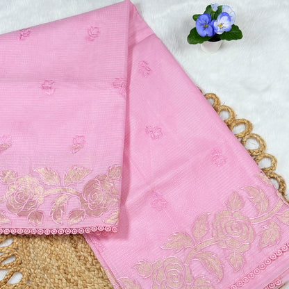 Women's Baby Pink Embroidered Saree with Blouse Piece | Tonal Rose Bootis, Shimmer Floral Border & Lace Edge