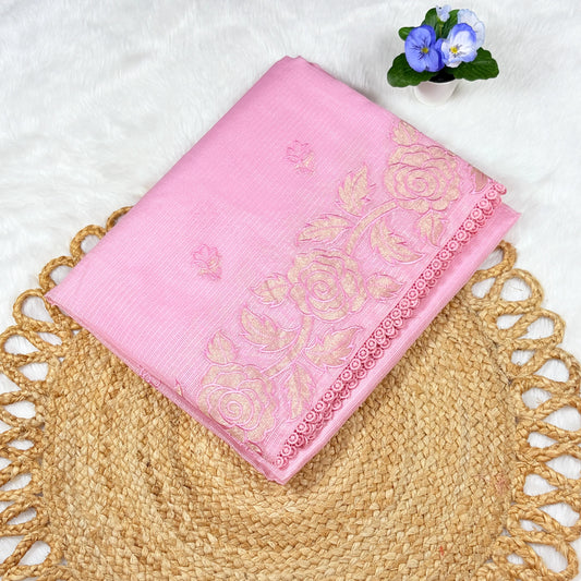 Women's Baby Pink Embroidered Saree with Blouse Piece | Tonal Rose Bootis, Shimmer Floral Border & Lace Edge