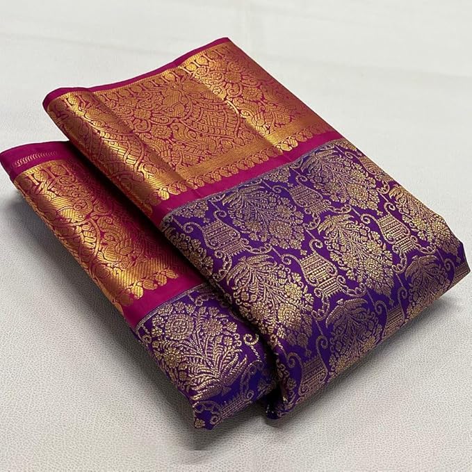 Women's Banarasi Style Pure Kanjivaram Silk Jacquard Kanchipuram Pattu Saree With Un-Stiched Blouse(Purple)