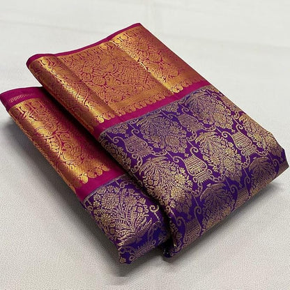 Women's Banarasi Style Pure Kanjivaram Silk Jacquard Kanchipuram Pattu Saree With Un-Stiched Blouse(Purple)