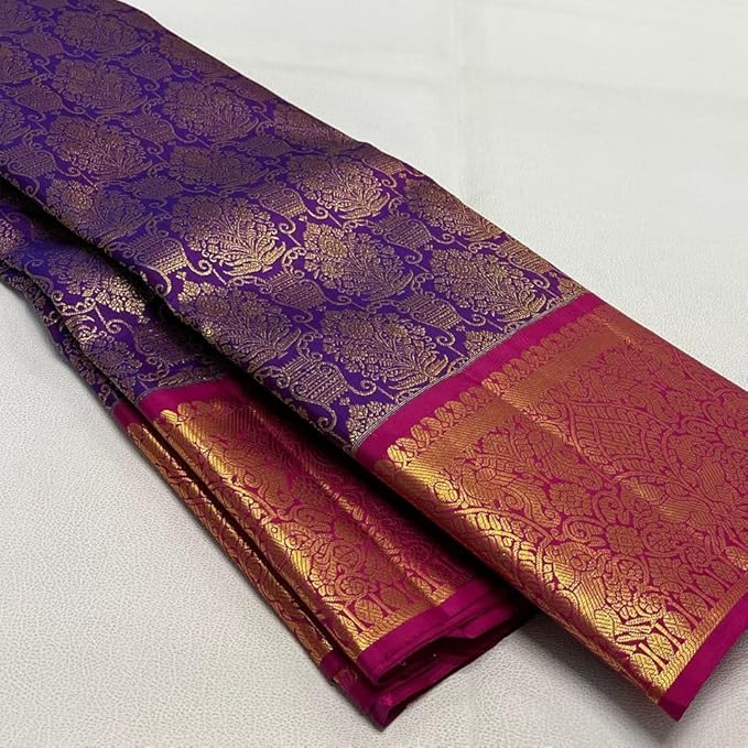Women's Banarasi Style Pure Kanjivaram Silk Jacquard Kanchipuram Pattu Saree With Un-Stiched Blouse(Purple)
