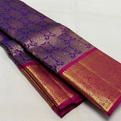 Women's Banarasi Style Pure Kanjivaram Silk Jacquard Kanchipuram Pattu Saree With Un-Stiched Blouse(Purple)