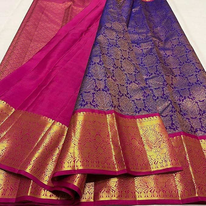 Women's Banarasi Style Pure Kanjivaram Silk Jacquard Kanchipuram Pattu Saree With Un-Stiched Blouse(Purple)