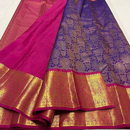 Women's Banarasi Style Pure Kanjivaram Silk Jacquard Kanchipuram Pattu Saree With Un-Stiched Blouse(Purple)