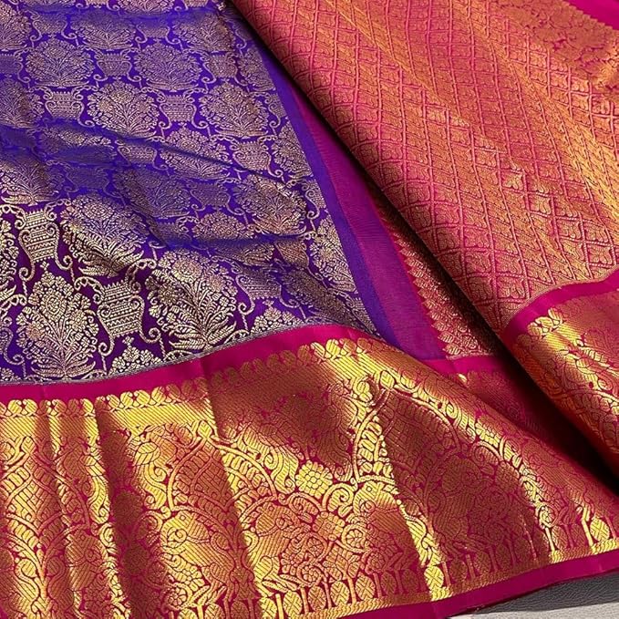 Women's Banarasi Style Pure Kanjivaram Silk Jacquard Kanchipuram Pattu Saree With Un-Stiched Blouse(Purple)
