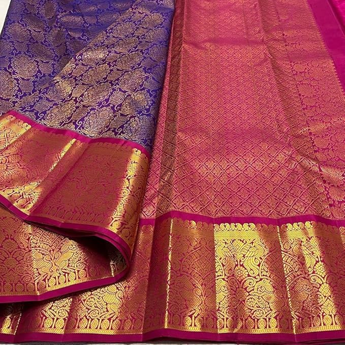 Women's Banarasi Style Pure Kanjivaram Silk Jacquard Kanchipuram Pattu Saree With Un-Stiched Blouse(Purple)