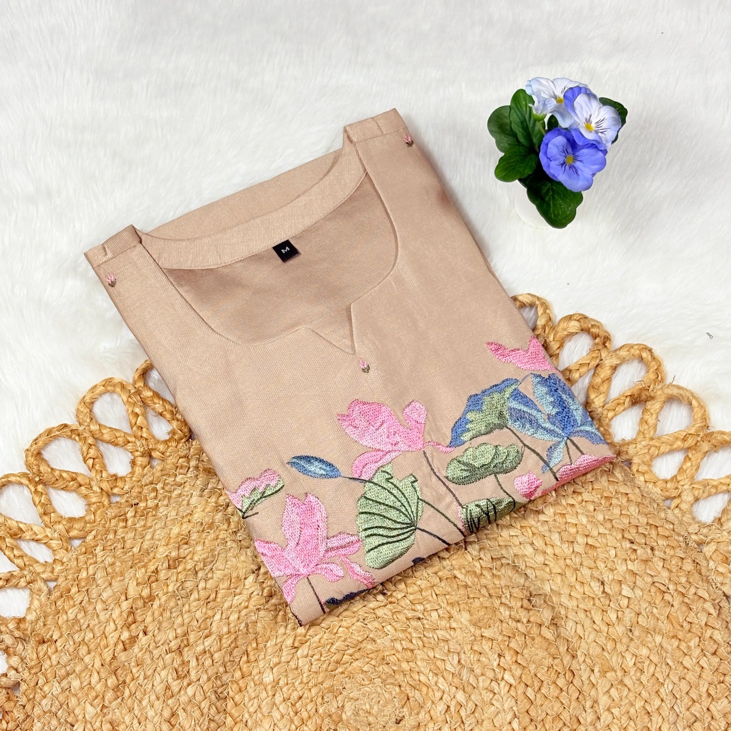 Women’s Beige Cotton Kurti with Botanical Hem Embroidery | Everyday Chic, Breathable Comfort