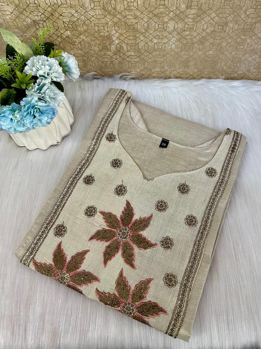 Women's Beige Kerala Tissue Kurti with Brown Floral Embroidery – Elegant Festive & Traditional Wear