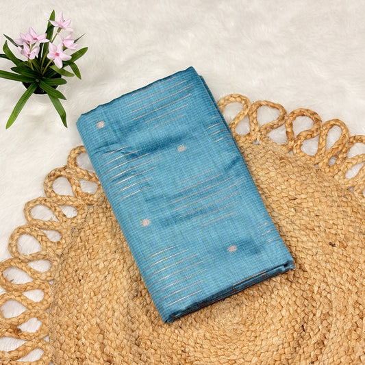 Women's Blue Acrylic Cotton Saree with Woven Stripes & Dots – Lightweight Casual Wear Saree