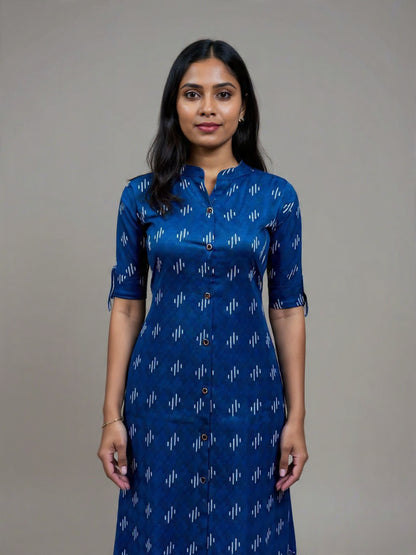 Woman wearing a blue patterned dress against a gray background