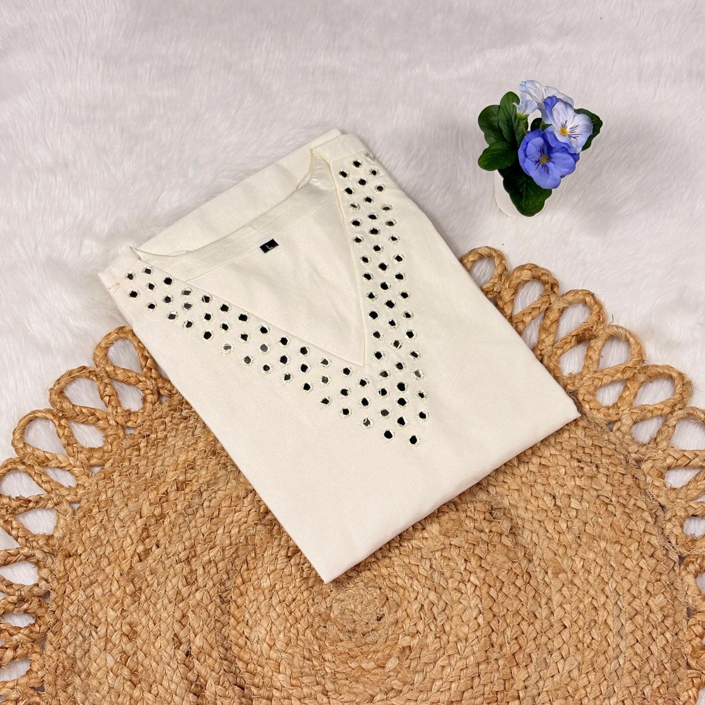 Women’s Cream Cotton Kurti with Mirror Cut‑Work V‑Neck | Minimal Chic, Everyday Comfort