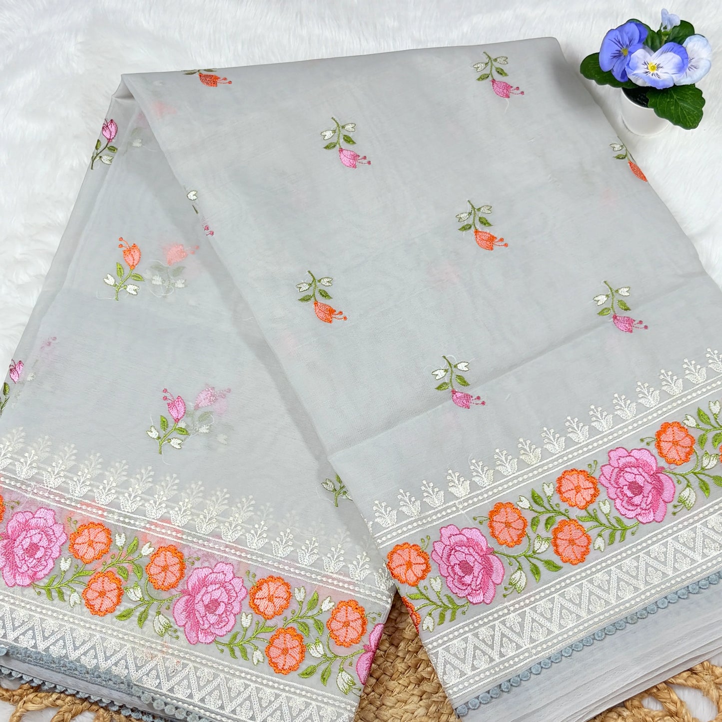 Women's Dove Grey Embroidered Saree with Blouse Piece | Pastel Bootis, Rose Border, Zari Band & Pom‑Pom Edge