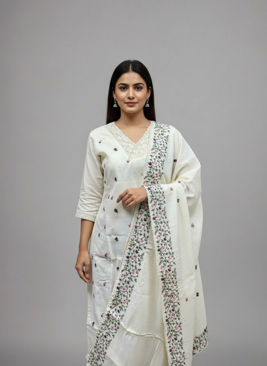 Woman wearing a white traditional outfit with a floral dupatta on a gray background