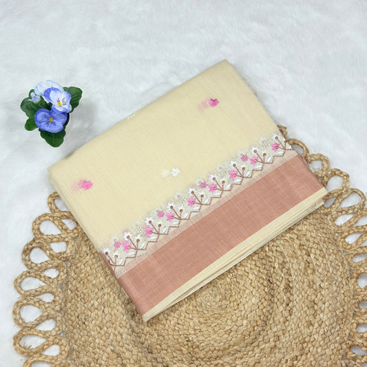 Women's Elegant Cream Cotton Saree with Pink Floral Embroidery & Contrast Border – Lightweight Festive & Office Wear
