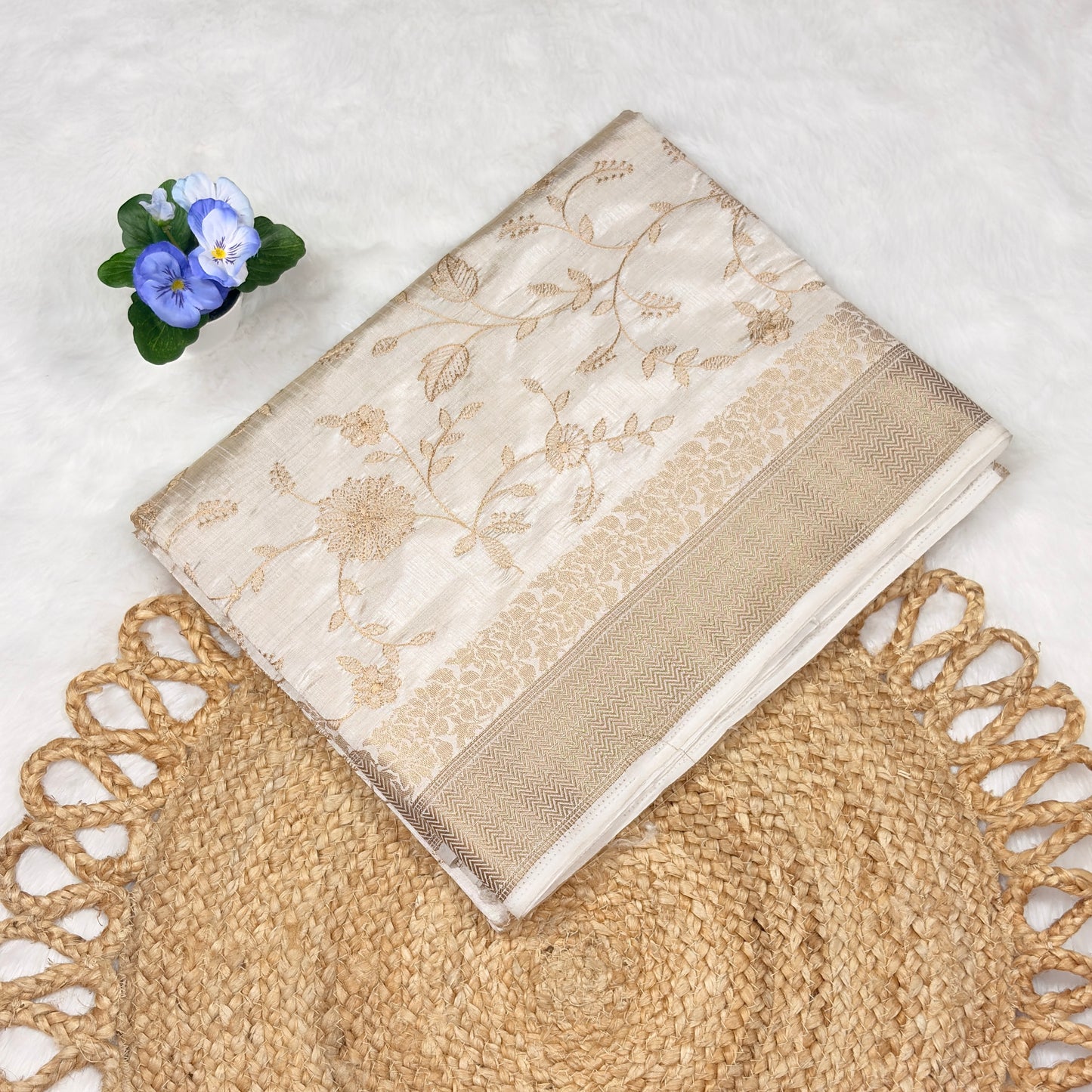 Women's Elegant Cream Tussar Saree with Golden Floral Weaving & Traditional Border – Perfect for Weddings & Festive Wear
