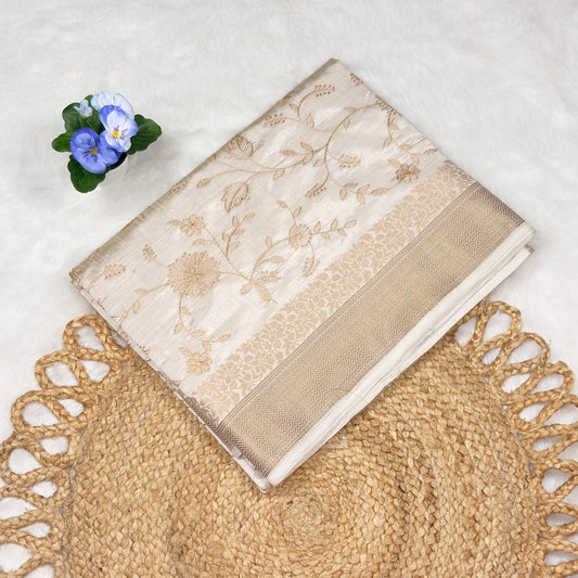 Women's Elegant Cream Tussar Saree with Golden Floral Weaving & Traditional Border – Perfect for Weddings & Festive Wear