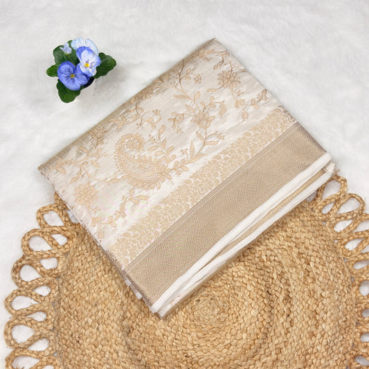 Women's Elegant Cream Tussar Silk Saree with Golden Paisley & Floral Weaving – Perfect for Weddings & Festive Wear