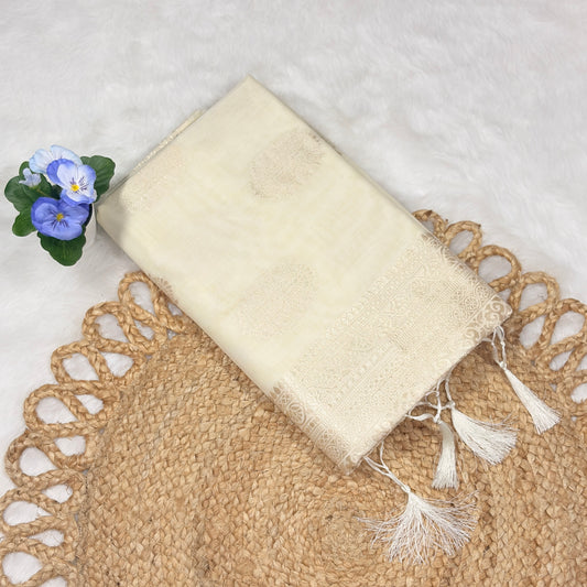 Women's Elegant Flower Cream Cotton Silk Saree with Woven Border & Tassels – Perfect for Festive & Traditional Wear