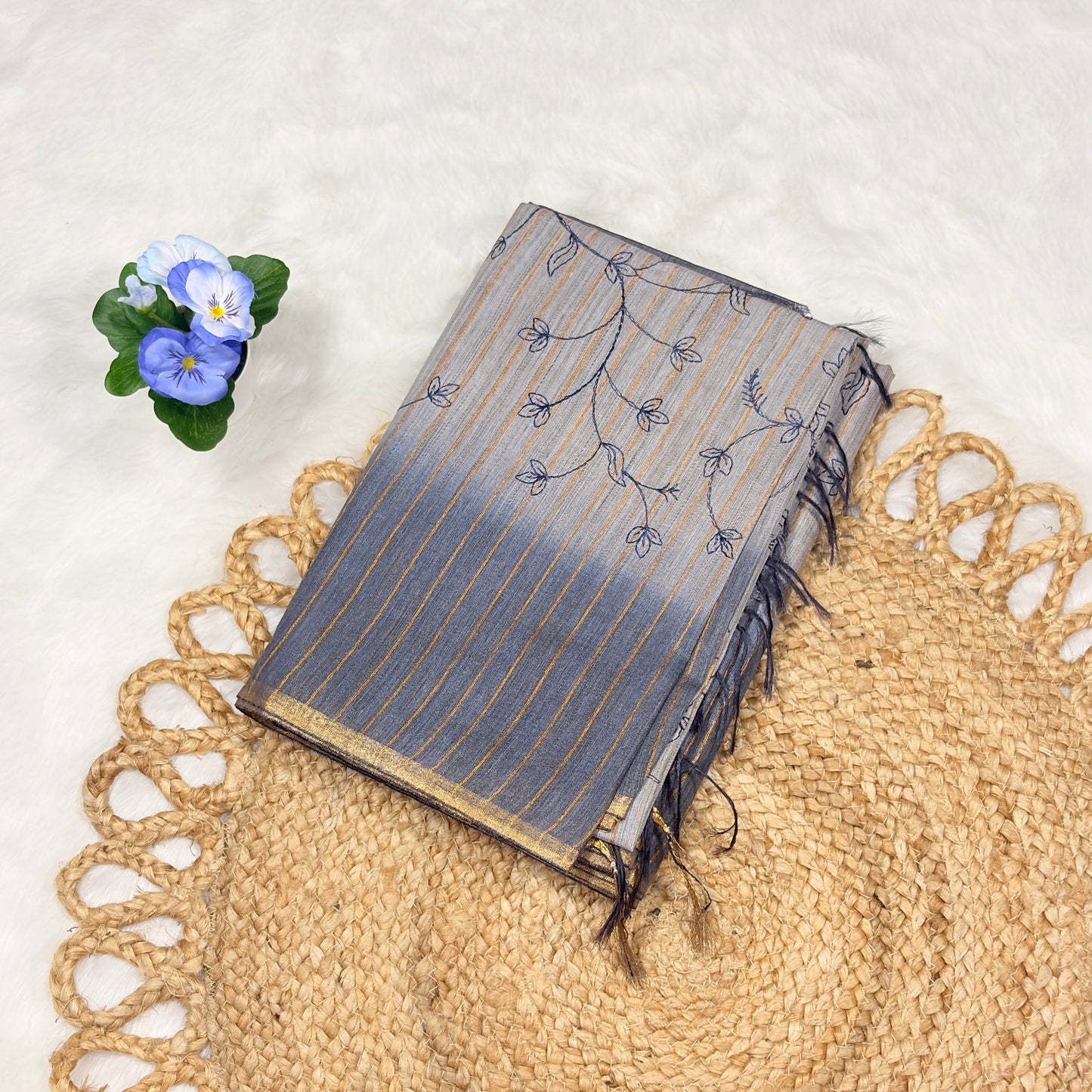 Women's Elegant Grey Cotton Saree with Striped Design & Subtle Embroidery – Perfect for Daily & Festive Wear