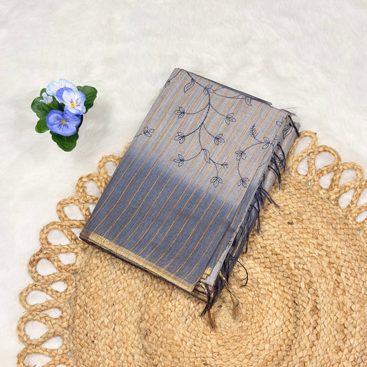 Women's Elegant Grey Cotton Saree with Striped Design & Subtle Embroidery – Perfect for Daily & Festive Wear