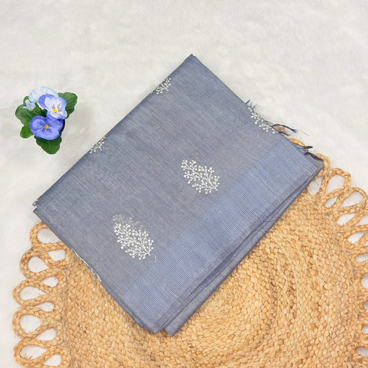Women's Elegant Grey Cotton Saree with White Embroidered Buti Design – Lightweight Daily & Office Wear