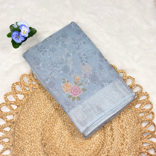 Women's Elegant Light Gray Linen Saree with Floral Weaving – Perfect for Summer & Casual Occasions