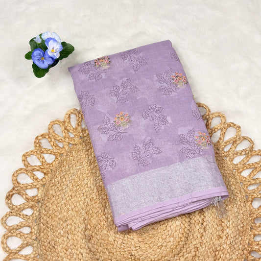 Women's Elegant Light Lavender Linen Saree with Floral Weaving – Perfect for Summer & Casual Occasions